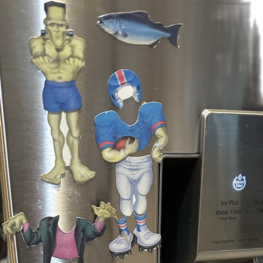 VTG RARE FRANKENSTEIN REFRIGERATOR MAGNETS PAPER DOLL LIKE MONSTER FISH FOOTBALL